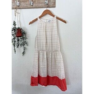 Old Navy Beige Stripe Sleevless Tiered Shift Dress Coral Hem Women's M